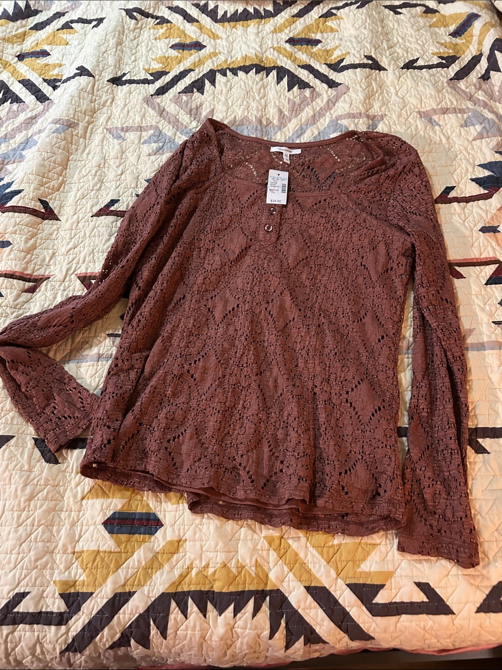 Maurices Brown Lace Long-Sleeve Scoop-Neck Top